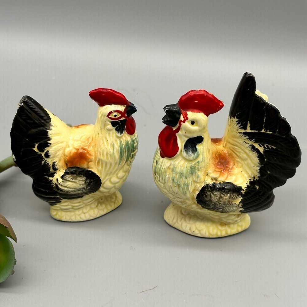 Charming Rooster Figurines - Black and Red Accents